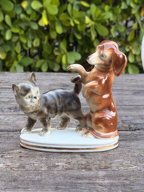 Vintage Erphila Playful Dachshund Dog & Cat Porcelain Germany Weiner dog Stamped